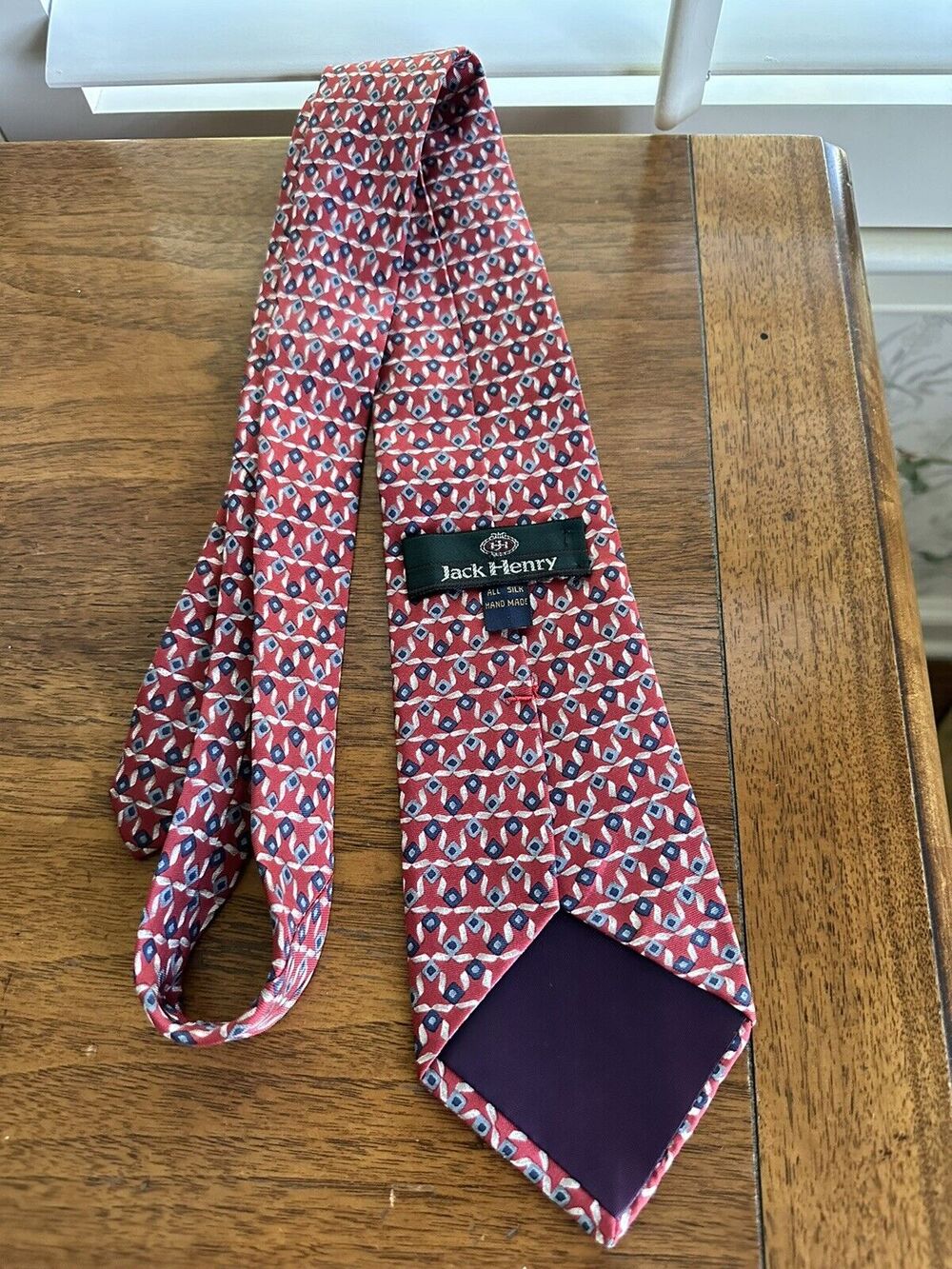Vintage 90’s Jack Henry Silk Tie Red Blue Gray Diamond Pattern 4” x 58”